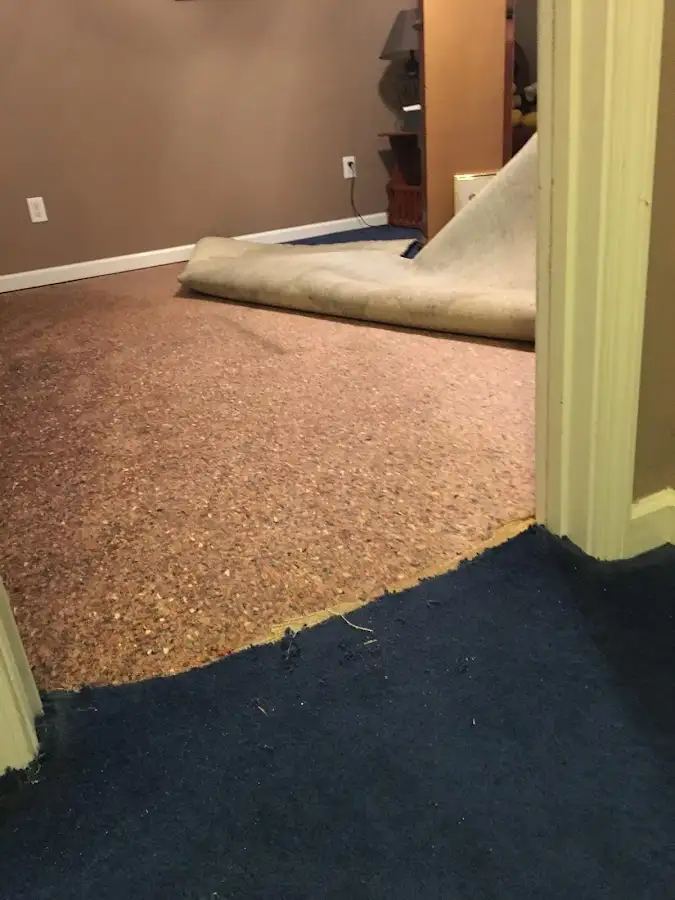 Carpet pad removal revealing water damage during Water Mitigation Services in Elmhurst